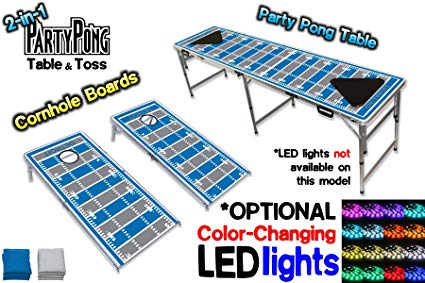 2-in-1 Cornhole Boards & Beer Pong Table w/ Optional LED Glow Lights - Detroit Football Field