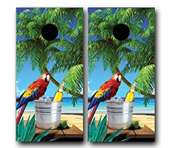 TROPICAL BEACH W/ PARROT SCENE CORNHOLE WRAP SET High Quality Vinyl Board DECAL...