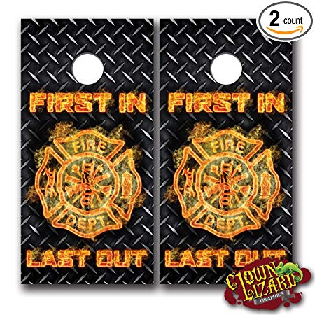 CL0033 Firefighter First In Last Out Flaming Logo Diamond Plate CORNHOLE LAMINATED DECAL WRAP SET Decals Board Boards Vinyl Sticker Stickers Bean Bag Game Wraps Vinyl Graphic Image Corn Hole 911