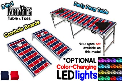 2-in-1 Cornhole Boards & Beer Pong Table w/ Optional LED Glow Lights - New England Football Field