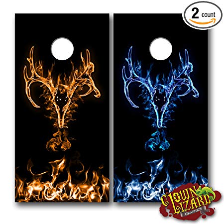 CL0045 Flaming Buck Skull Orange vs Blue CORNHOLE LAMINATED DECAL WRAP SET Decals Board Boards Vinyl Sticker Stickers Bean Bag Game Wraps Vinyl Graphic Image Corn Hole Deer Hunter Hunting Browning