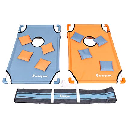 Harvil Portable Premium PVC Framed Cornhole Set with 8 Double-Lined Bean Bags and Carrying Case