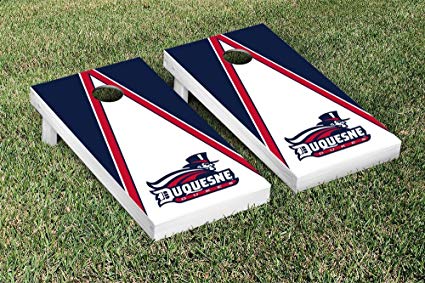 NCAA Triangle Wooden Cornhole Game Set NCAA Team: Duquesne University Dukes - White