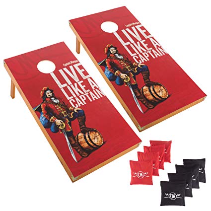 Captain Morgan Cornhole Outdoor Game Set, 2 Wooden Regulation Size Corn Hole Toss Boards with 8 Bean Bags for Adults