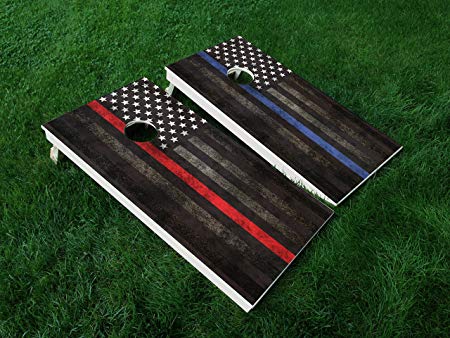 DISTRESSED AMERICA THIN BLUE LINE 01 / THIN RED LINE 01 COMBO PUNISHER USA FLAG POLICE CORNHOLE WRAP SET Vinyl Board DECAL Baggo Bag Toss Boards MADE IN the USA